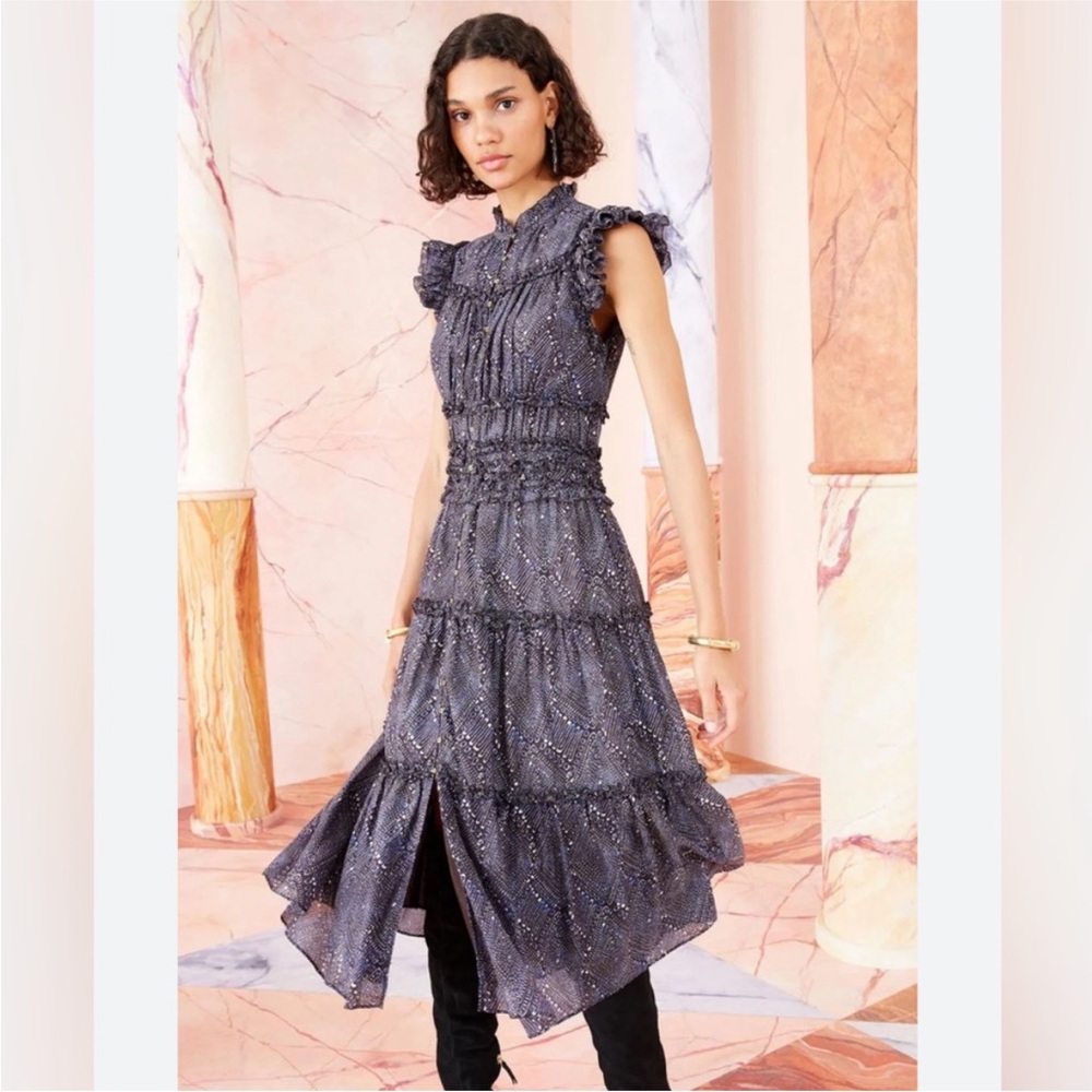 Ulla Johnson Rosalind Indigo Print Ruffle Midi Dress